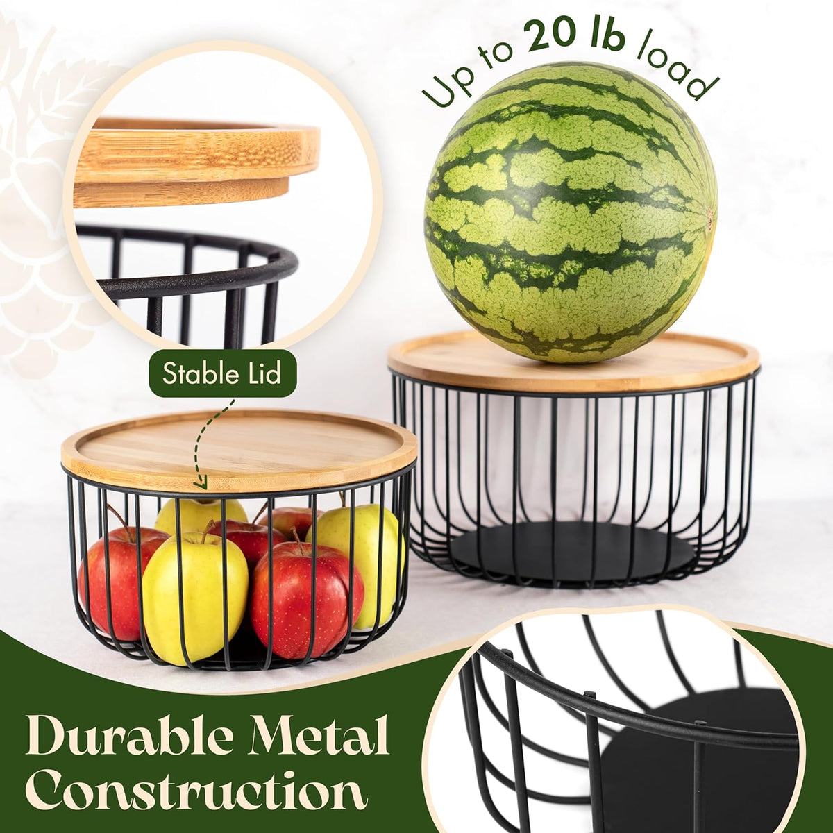 Fruit Basket for Kitchen Counter Set of 3 - Large Stackable Baskets with Bamboo Lid - Perfect