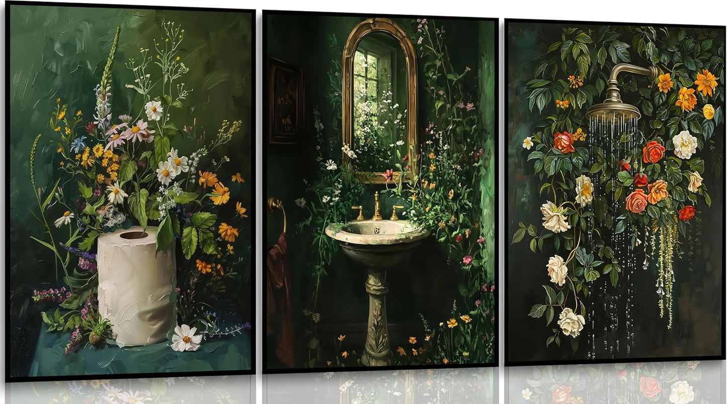 3Pcs Vintage Dark Green Bathroom Wall Art Shower Toilet Paper Roll Floral Poster Print Modern
