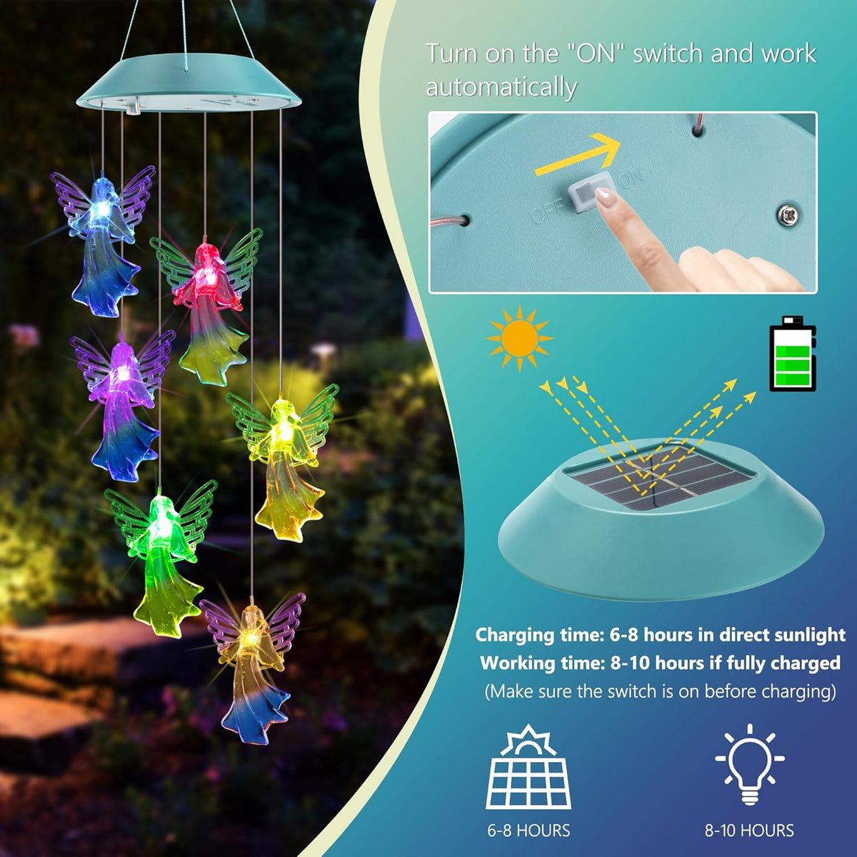Toodour Solar Wind Chimes, Color Changing Angel Wind Chimes, LED Decorative Mobile, Gifts for Mom