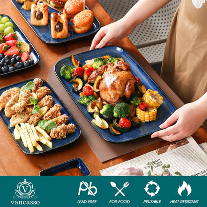 vancasso Stern Serving Platters Set of 3, 15/13/ 11 Inches Rectangular Serving Plates, Blue Serving