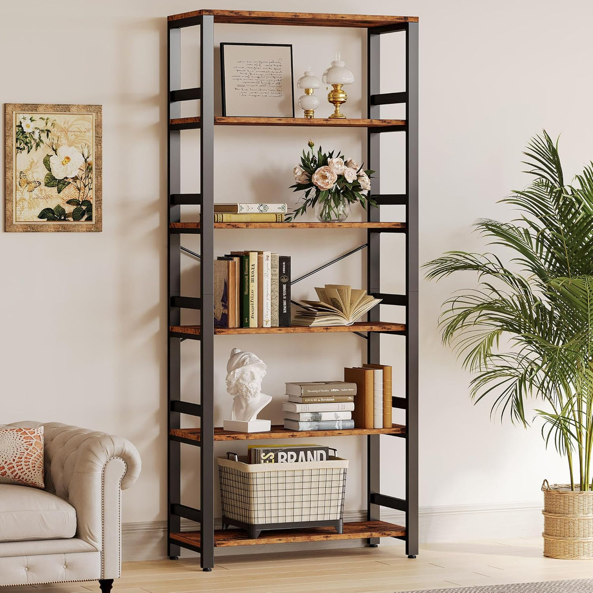 IRONCK Bookshelf, 31.5in Wide Shelf 6 Tier Bookcase, 110lbs/shelf Vintage Industrial Style