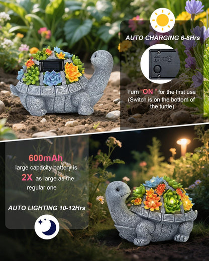 Solar Turtle Statue Garden Decor for Outside with Succulents and 7 LED Lights – 10.3 Inch Cute Lawn
