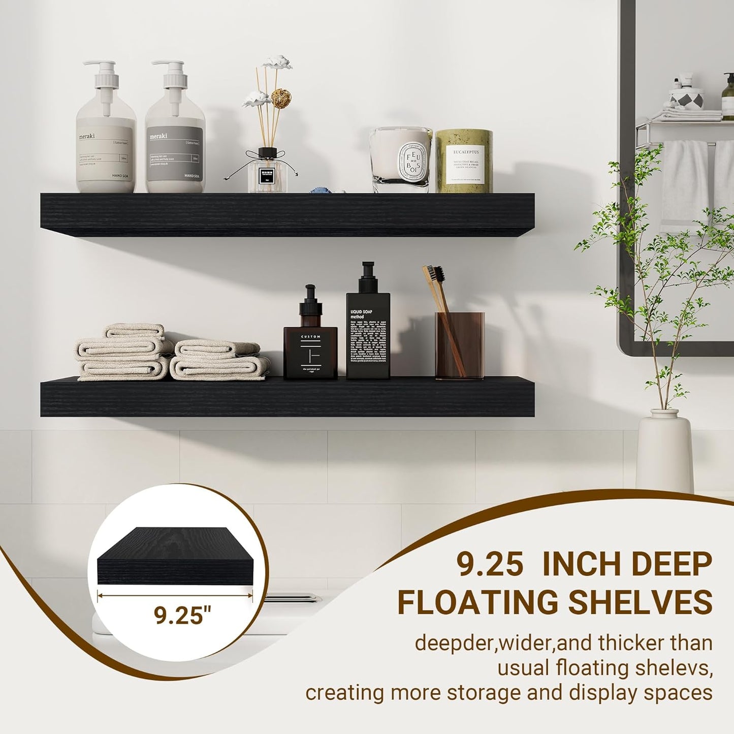 24 Inch Floating Shelves, 24"x9.25"x1.5" Inch Deep Floating Shelves for Wall, Wooden Shelves for