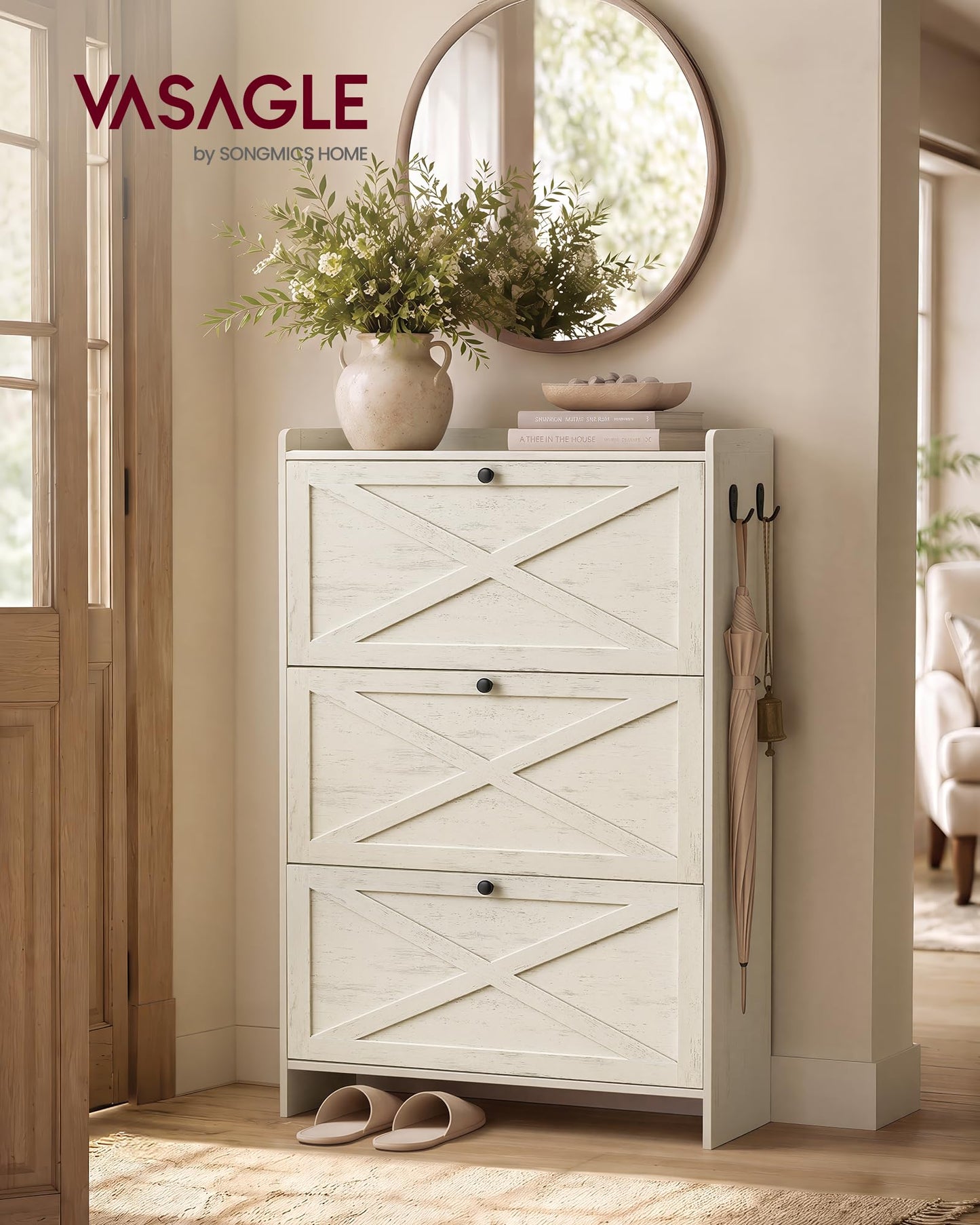 VASAGLE Shoe Storage Cabinet Organizer with 3 Flip Drawers, Freestanding Narrow Shoe Rack Cabinet
