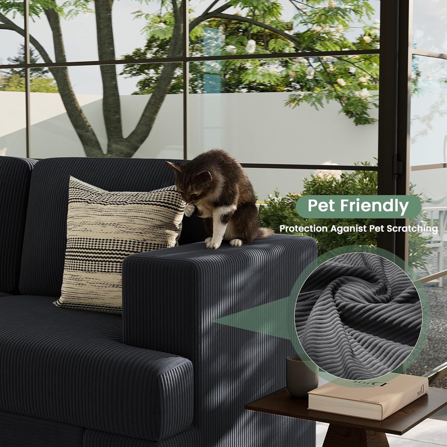 3 Seater Corduroy Couch for Living Room, 89” Black Cloud Sofa, Deep Seat Floor Couch for Bedroom