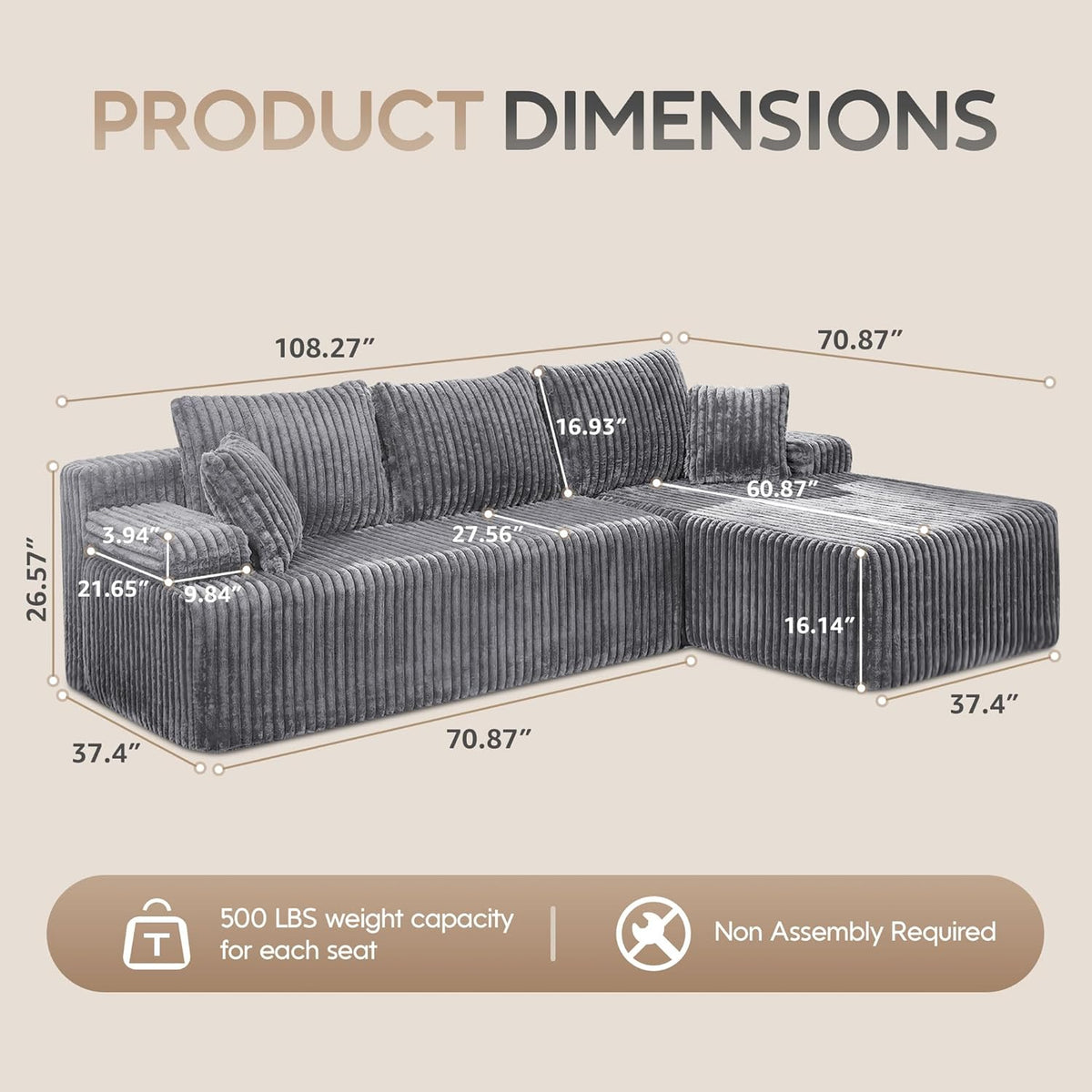 Hobestluk Modular Sectional Sofa Couches 108" L-Shape Couch 3 Seat Modular Sofa Memory Foam