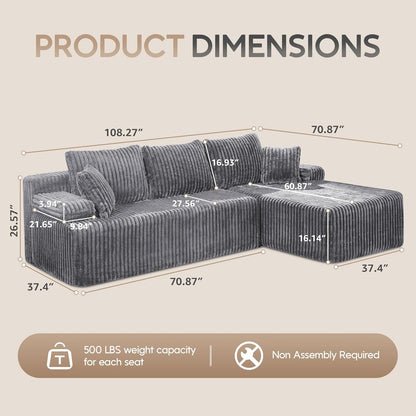 Hobestluk Modular Sectional Sofa Couches 108" L-Shape Couch 3 Seat Modular Sofa Memory Foam