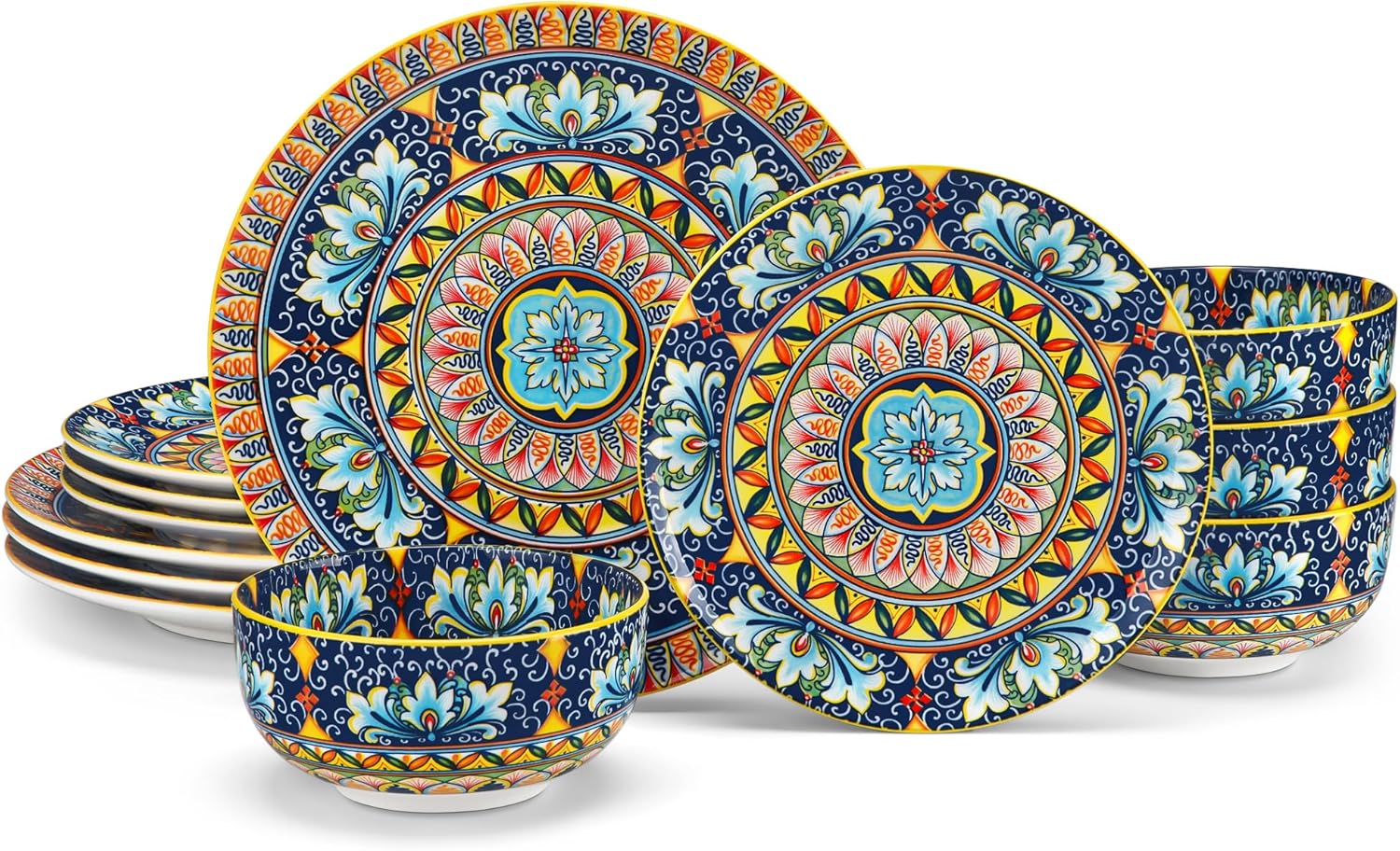 vancasso 12 Pieces Dinnerware Sets, Yellow Plates and Bowls Set, Porcelain Dishes Set for 4