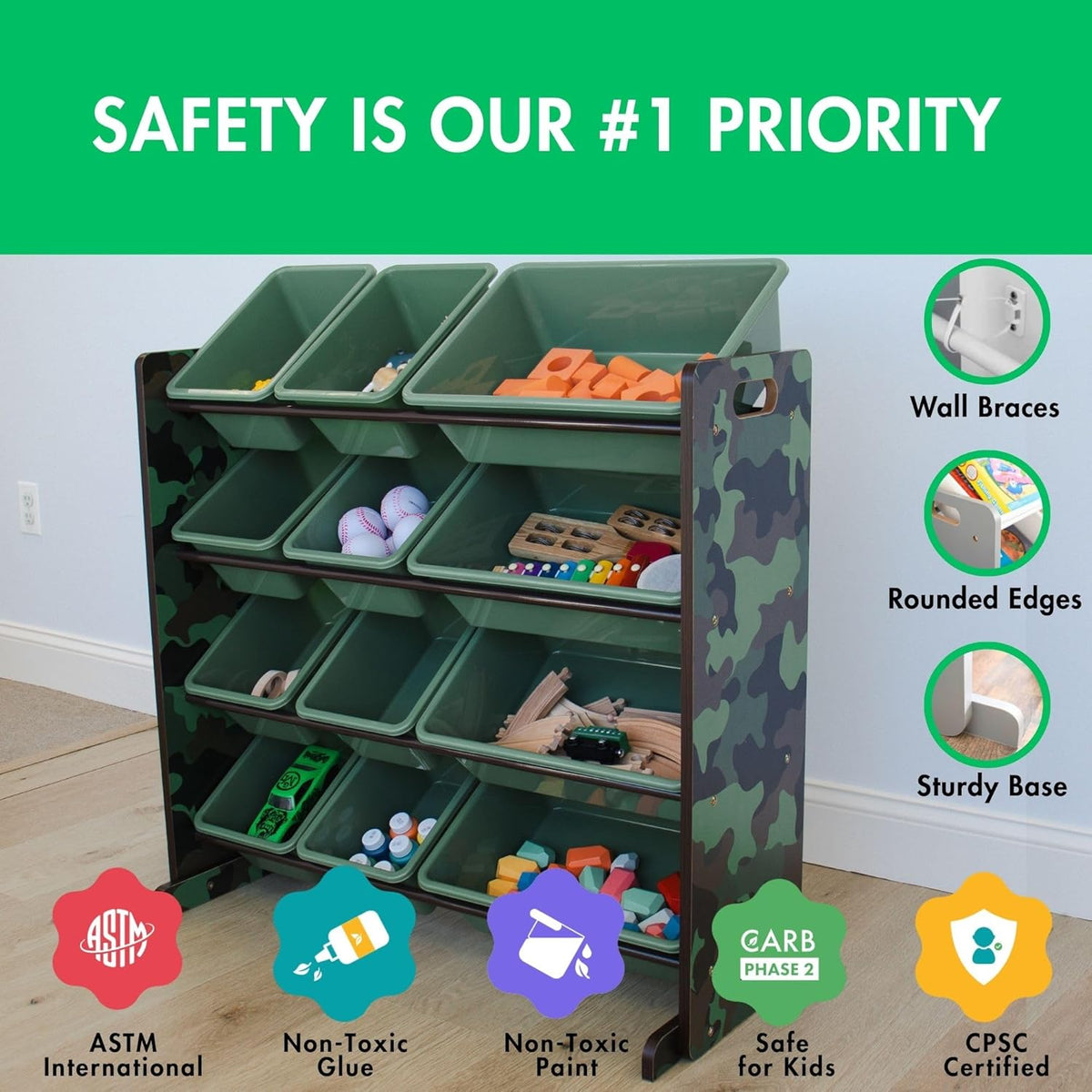 Humble Crew Kids Toy Storage Organizer with 12 Plastic Bins, Camo – Removable Bins for Playroom