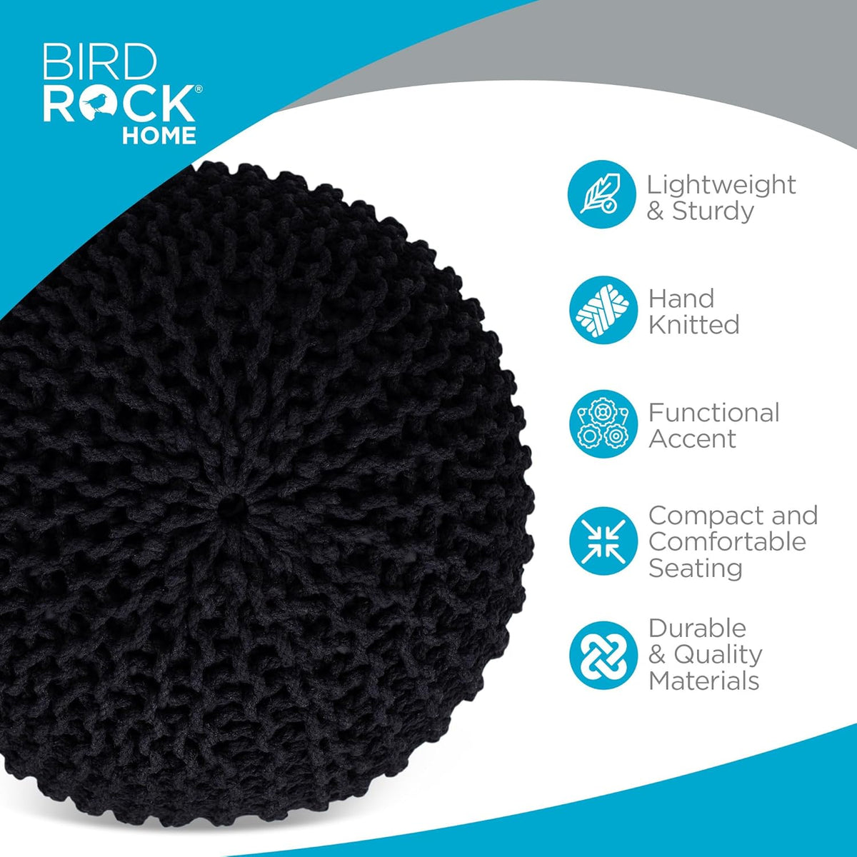 BIRDROCK HOME Round Pouf Ottoman | Cotton Braided Foot Stool with Bean Bag Filling | Boho Foot Rest