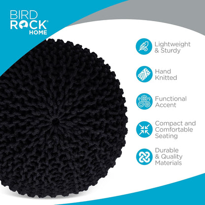 BIRDROCK HOME Round Pouf Ottoman | Cotton Braided Foot Stool with Bean Bag Filling | Boho Foot Rest