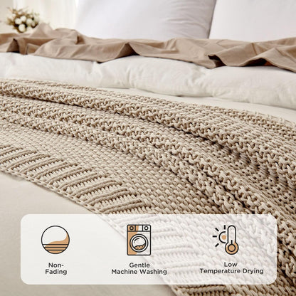 Joydeco Chunky Cable Knit Throw Blanket, Lightweight 100% Organic Cotton Soft Cozy Throw Twin