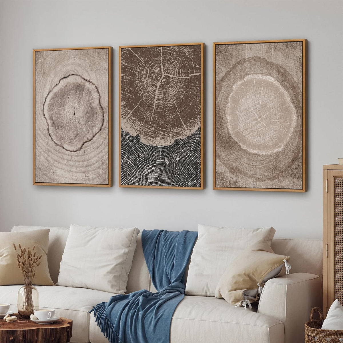 SIGNINART Beige Tree Ring Framed Canvas Wall Art Set, Abstract Black and White Rustic Wood Wall