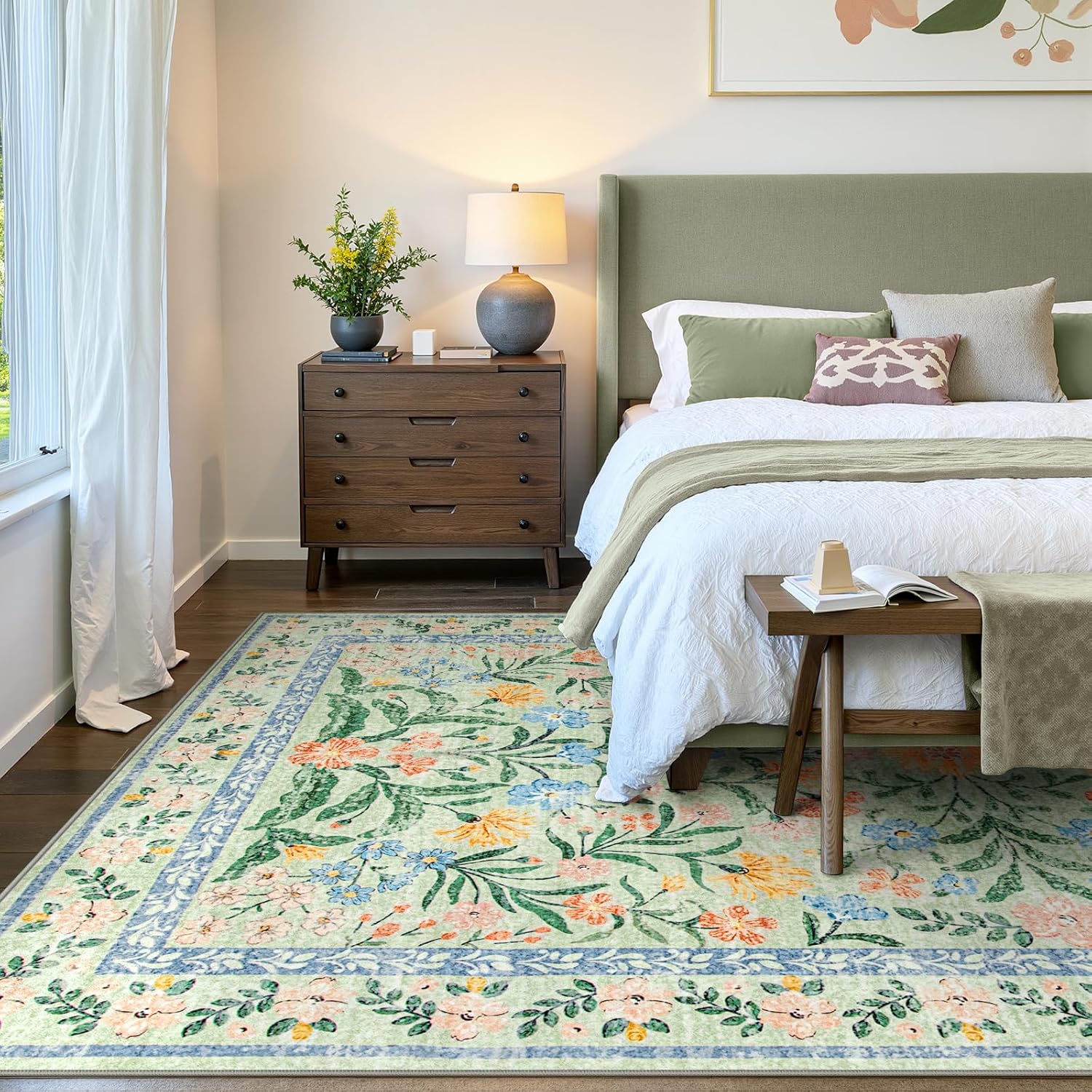 Wonnitar Machine Washable Area Rugs 9x12, Soft Sage Green Floral Rug for Living Room Bedroom