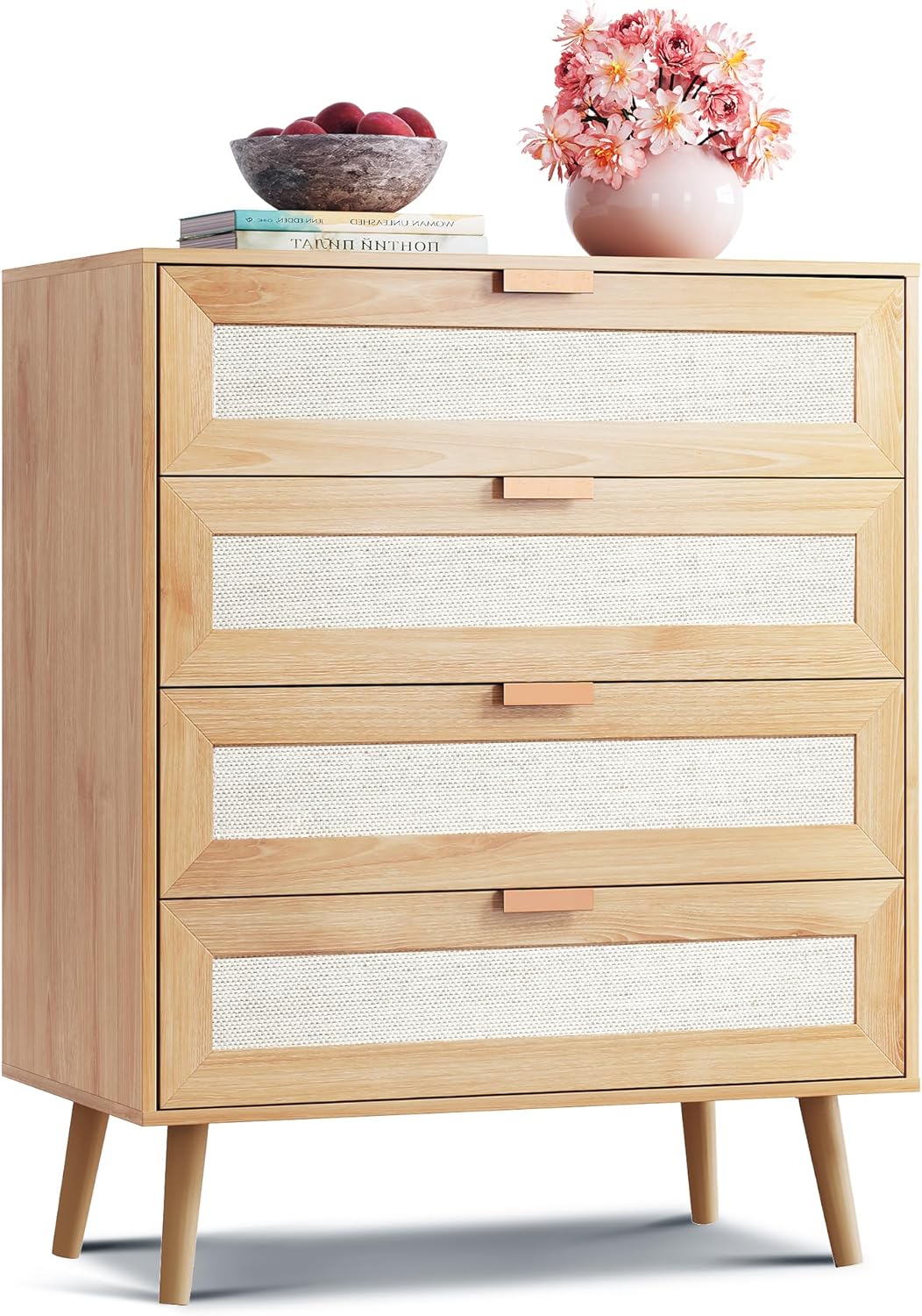 WLIVE Rattan Dresser for Bedroom, 4 Drawer Wood Boho Dresser Storage with Gold Metal Handle, Chest