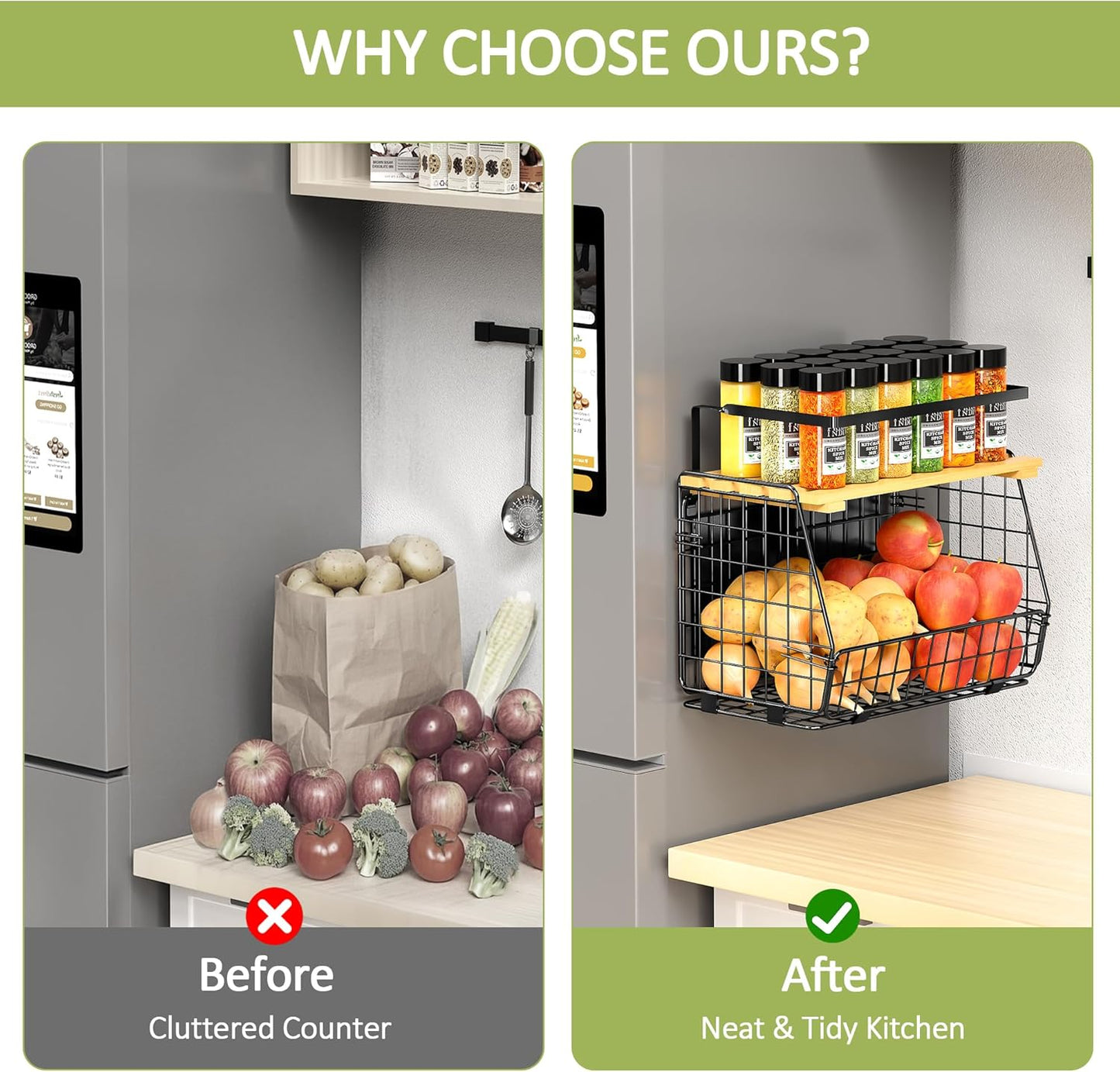 Magnetic Shelf for Fridge: Fruit Potato and Onion Storage Bin - Magnetic Spice Rack for
