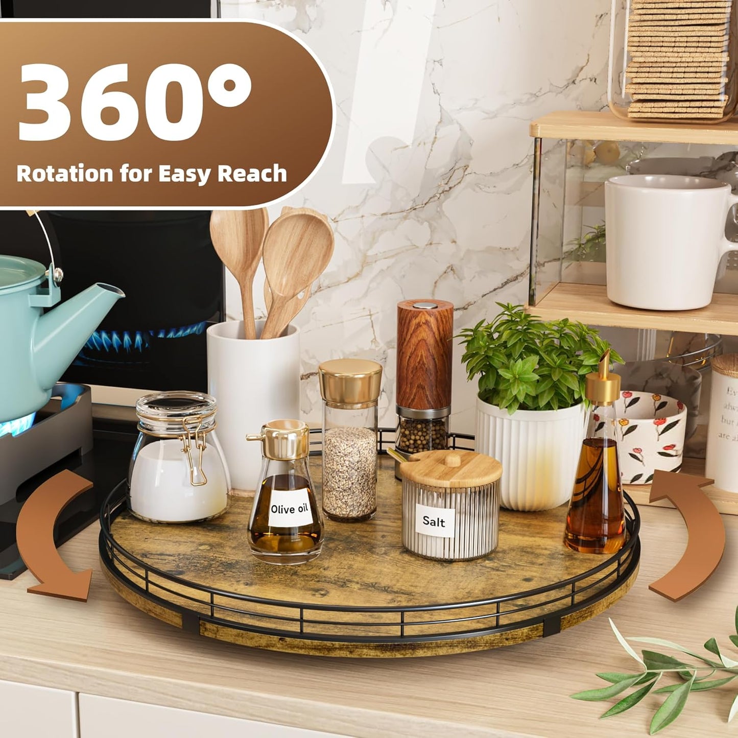 Lazy Susan Turntable Organizer for Table Top, 16’’ Round Wooden Lazy Susan for Cabinet Kitchen
