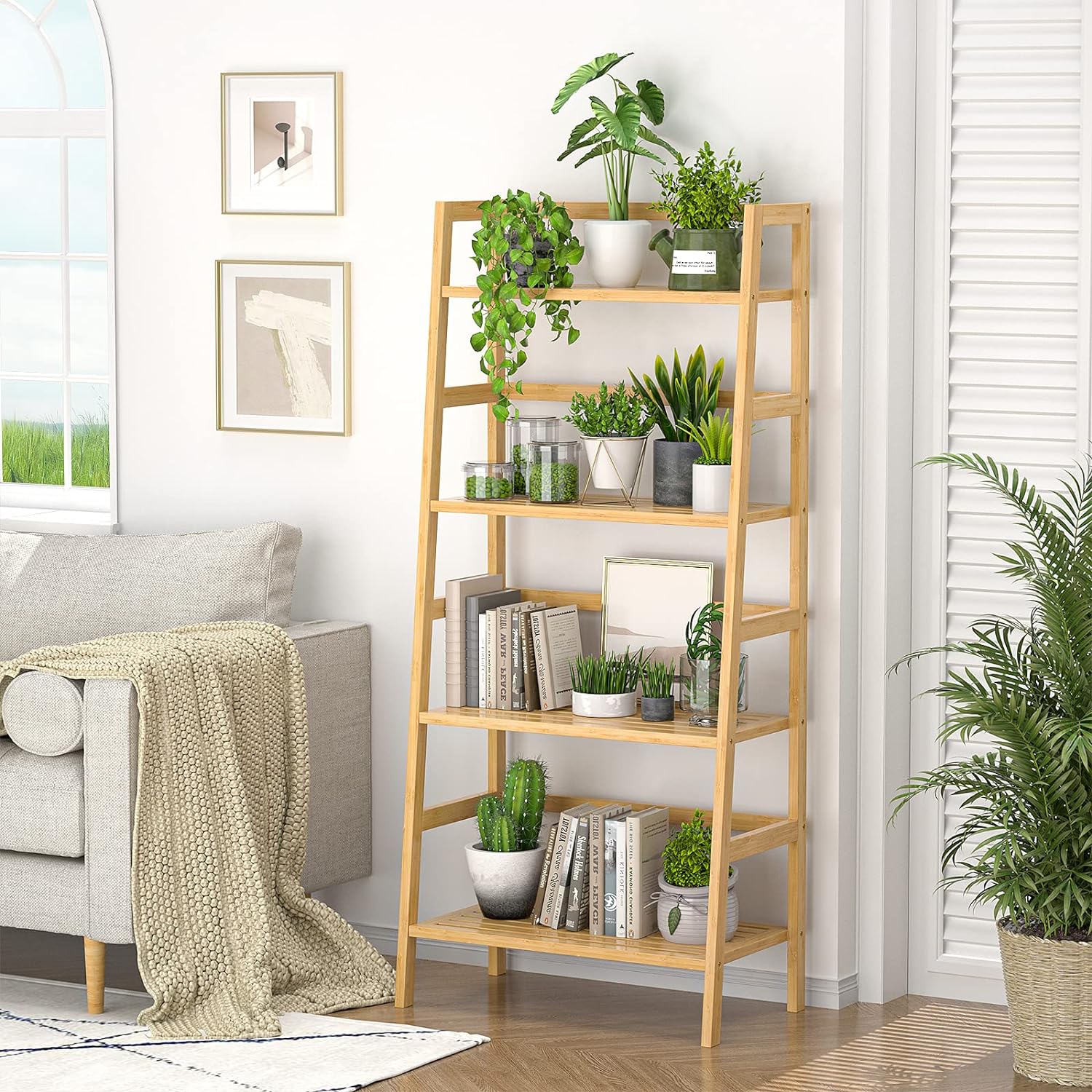 Homykic Bamboo Bookshelf 4-Tier Ladder Shelf, 49.2” Freestanding Open Bookcase Book Shelf Bathroom