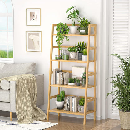 Homykic Bamboo Bookshelf 4-Tier Ladder Shelf, 49.2” Freestanding Open Bookcase Book Shelf Bathroom