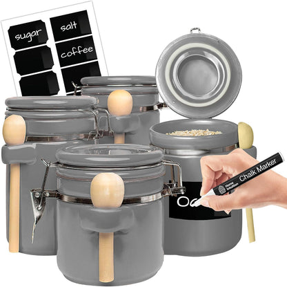 Home Intuition 4-Piece Ceramic Kitchen Canisters Set, Airtight Containers with Wooden Spoons