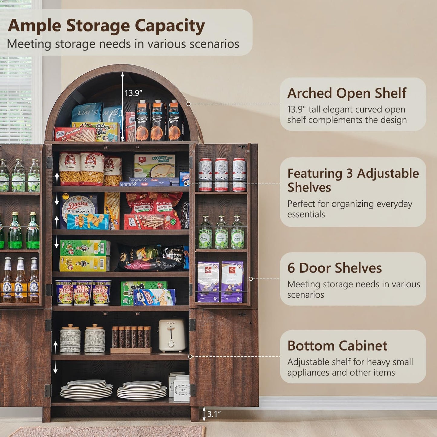 71" Tall Arched Bathroom Storage Cabinet, Modern Fluted Storage Cabinet w/Doors, 3 Adjustable