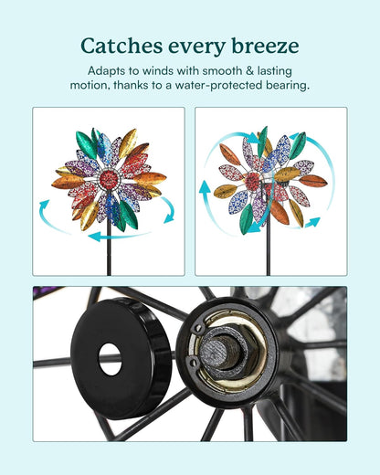 Solar Garden Wind Spinners with Light, Metal Yard Wind Spinners with Stake for Outdoor Lawn Decor
