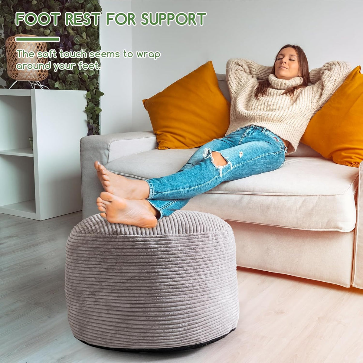 HIGOGOGO Round Stuffed Pouf Ottoman, Corduroy Poufs with Foam Chunk Filling, Furry and Fluffy Pouf
