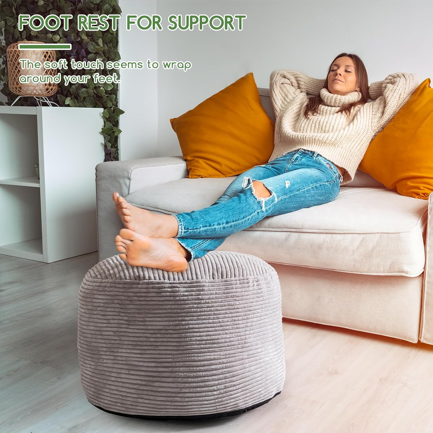 HIGOGOGO Round Stuffed Pouf Ottoman, Corduroy Poufs with Foam Chunk Filling, Furry and Fluffy Pouf