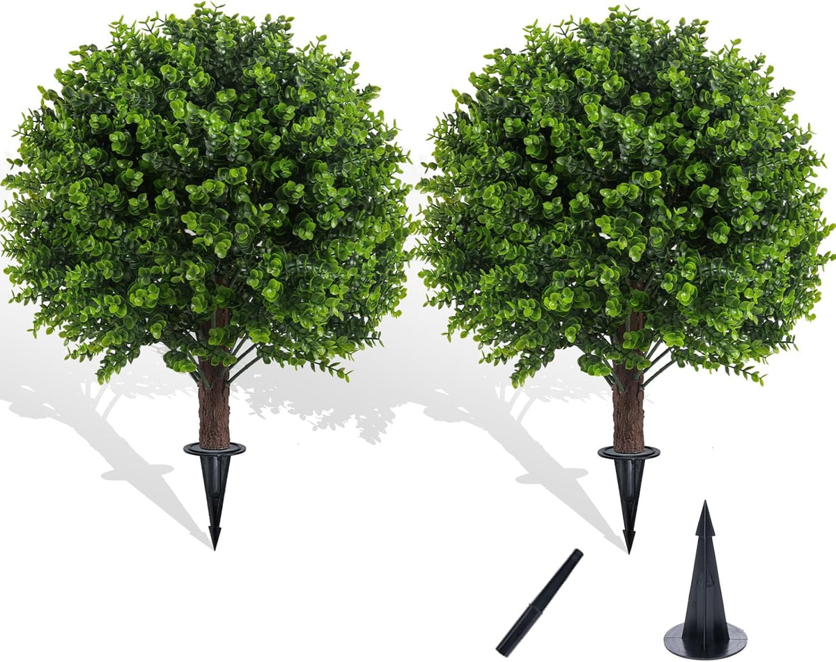 Artificial Boxwood Topiary Outdoor Plants with Spike, 2 Pack Faux Bushes UV Resistant Fake Shrubs