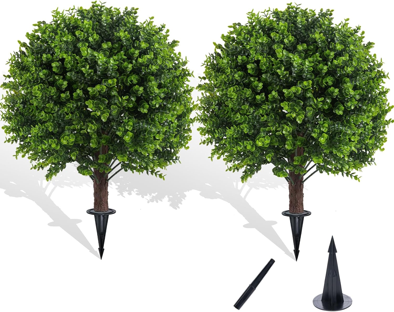 Artificial Boxwood Topiary Outdoor Plants with Spike, 2 Pack Faux Bushes UV Resistant Fake Shrubs