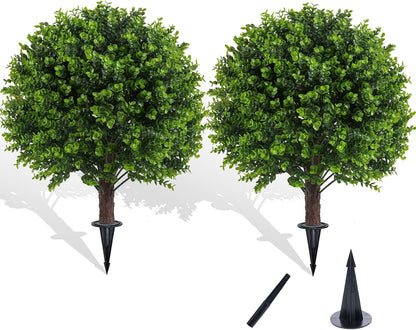 Artificial Boxwood Topiary Outdoor Plants with Spike, 2 Pack Faux Bushes UV Resistant Fake Shrubs