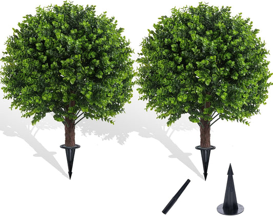 Artificial Boxwood Topiary Outdoor Plants with Spike, 2 Pack Faux Bushes UV Resistant Fake Shrubs