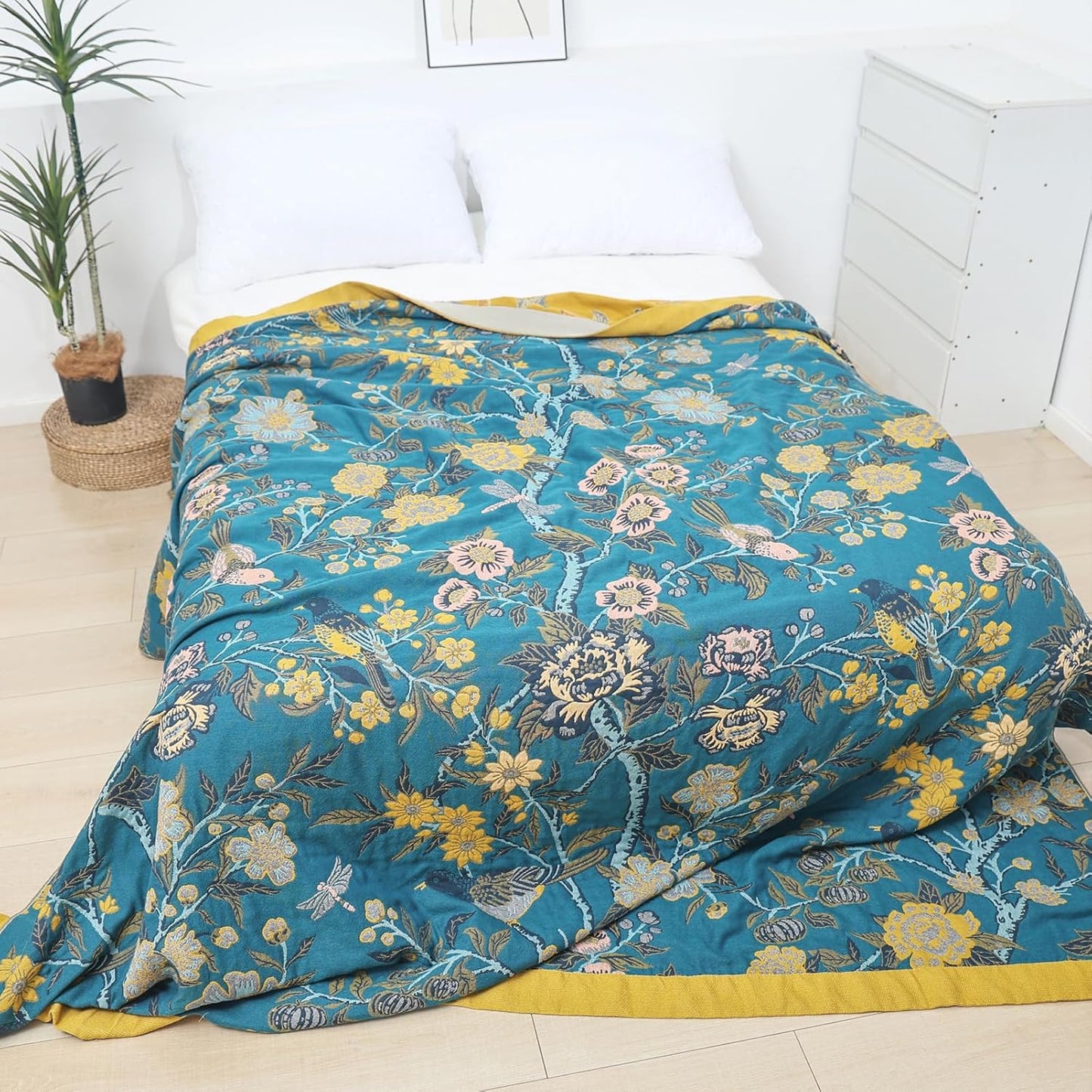 Snycler Boho Throw Blanket for Bed - 100% Cotton Ultra Soft Rustic Quilt Blanket Green Bird Floral
