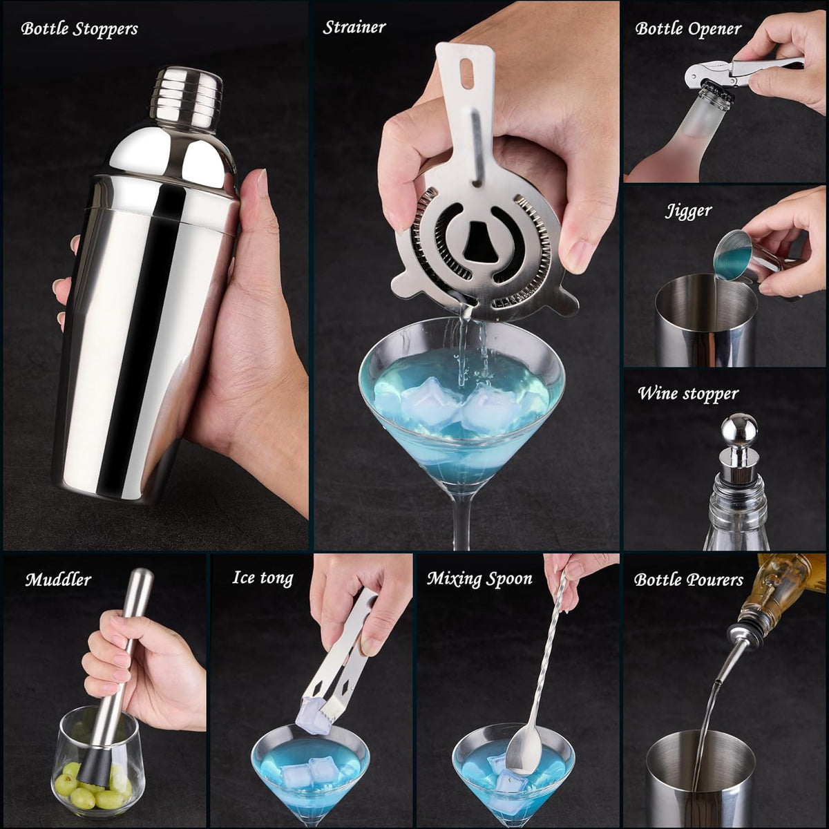 Cocktail Shaker Set Bartender Kit : 15-Piece Stainless Steel Bartender Kit with Acrylic Stand Bars