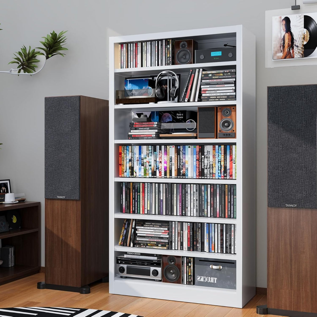 Metal DVD Storage Cabinets White, 7-Tier CD Storage Rack with Adjustable Shelves for CD Holder