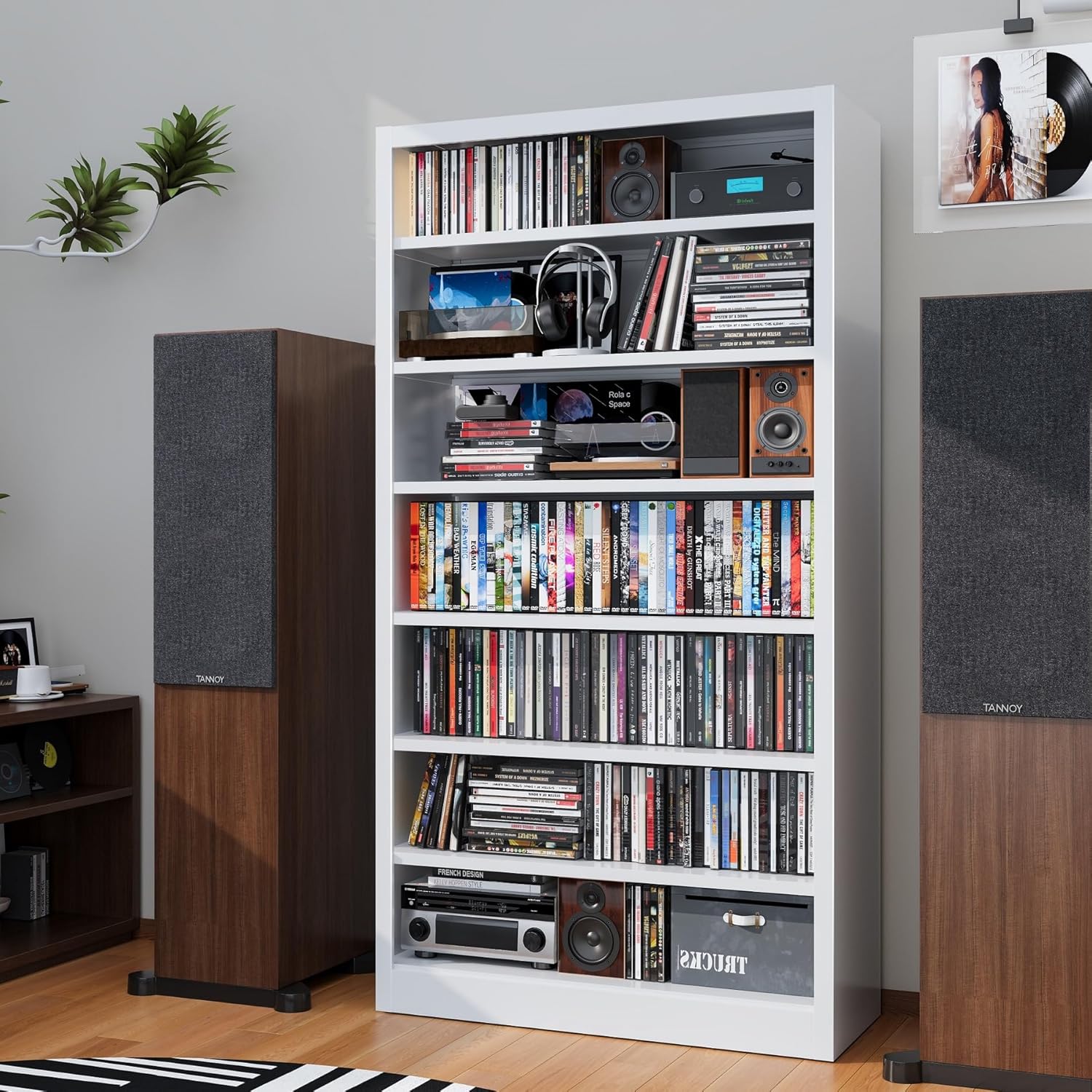 Metal DVD Storage Cabinets White, 7-Tier CD Storage Rack with Adjustable Shelves for CD Holder