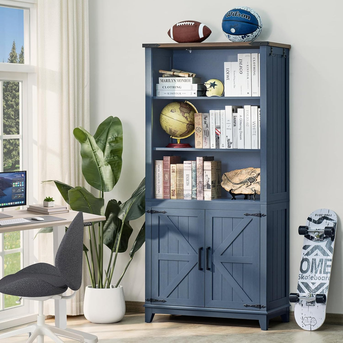 70in Tall Bookshelf 5 Tier Bookcase with Barn Doors and Adjustable Shelves, Blue Farmhouse Book