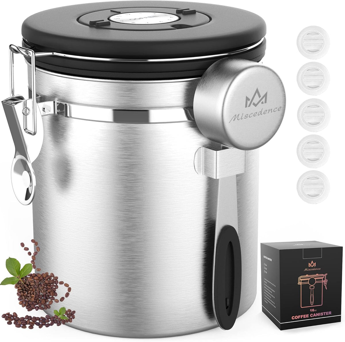 Coffee canister for ground coffee with Scoop Date Tracker One Way Co2 Valve 304 Stainless Steel