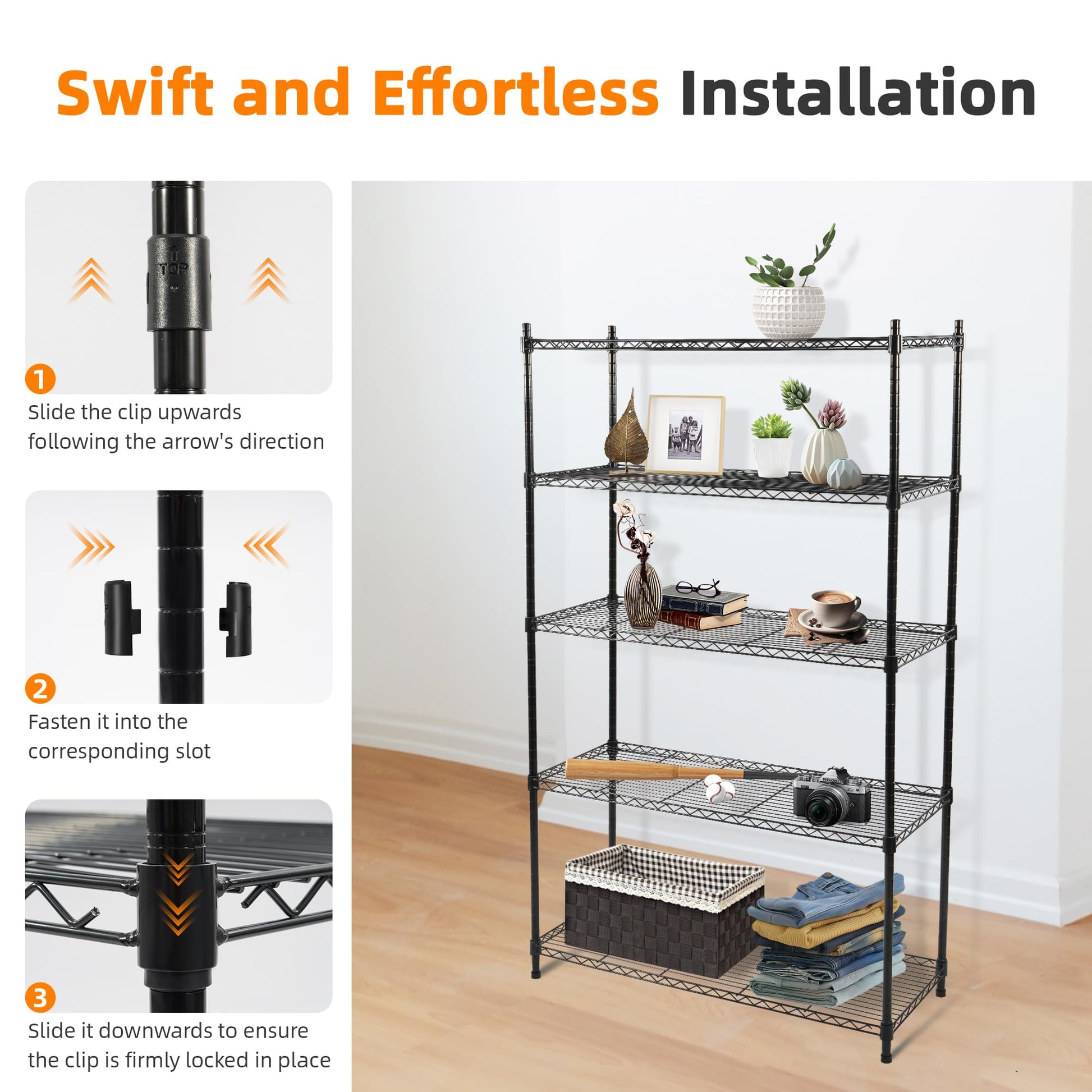 Elevon 5-Tier Storage Shelves, Adjustable Metal Wire Shelving Unit with Leveling Feet Heavy Duty