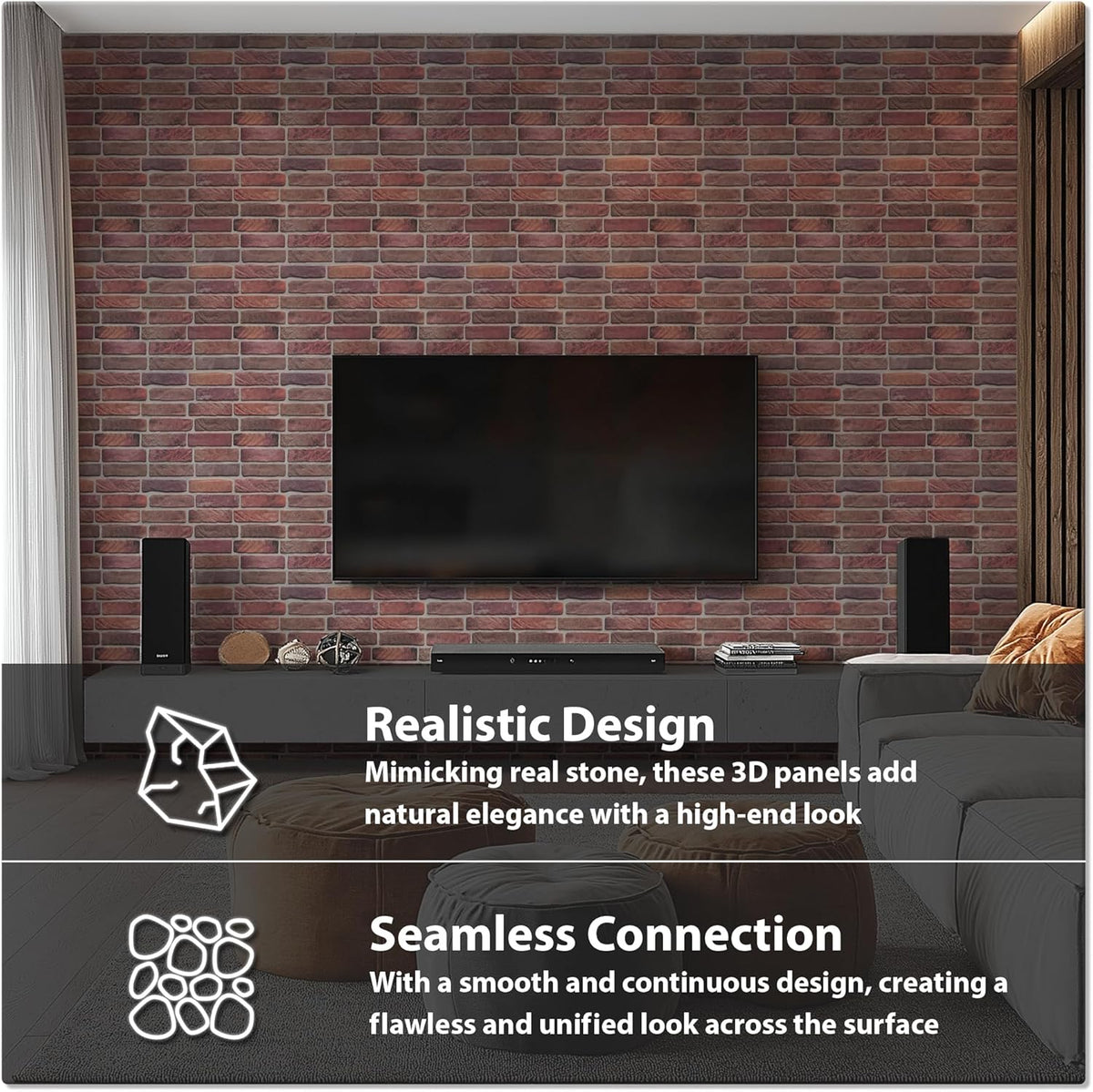 CONCORD WALLCOVERINGS ™ 3D Red Faux Brick Wall Panels - Pack of 10, Lightweight 17.5" x 24" (44.5