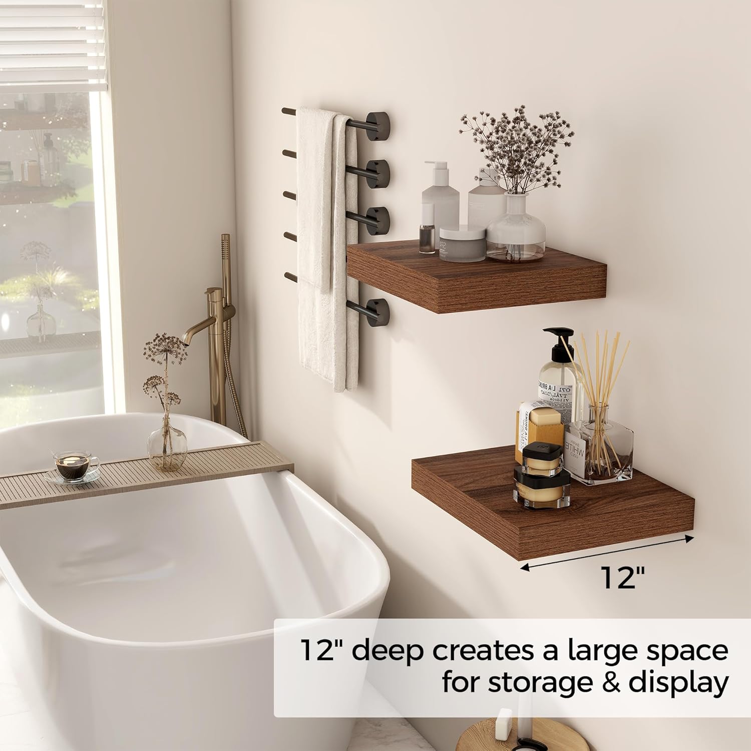Fun Memories 12 Inch Floating Shelf, Rustic Wood Wall Shelves for Wall Decor & Storage, 12 x 12