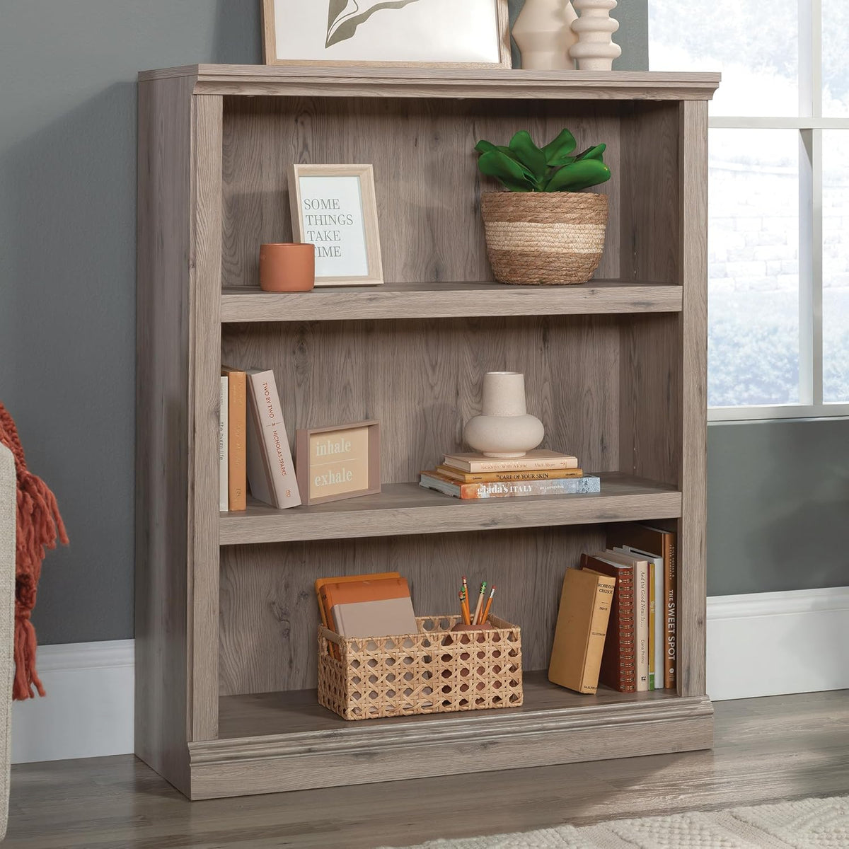 Sauder 3 Tier Book Shelf Wooden Bookcase Multipurpose Bookshelf for Home Office, Living Room, in