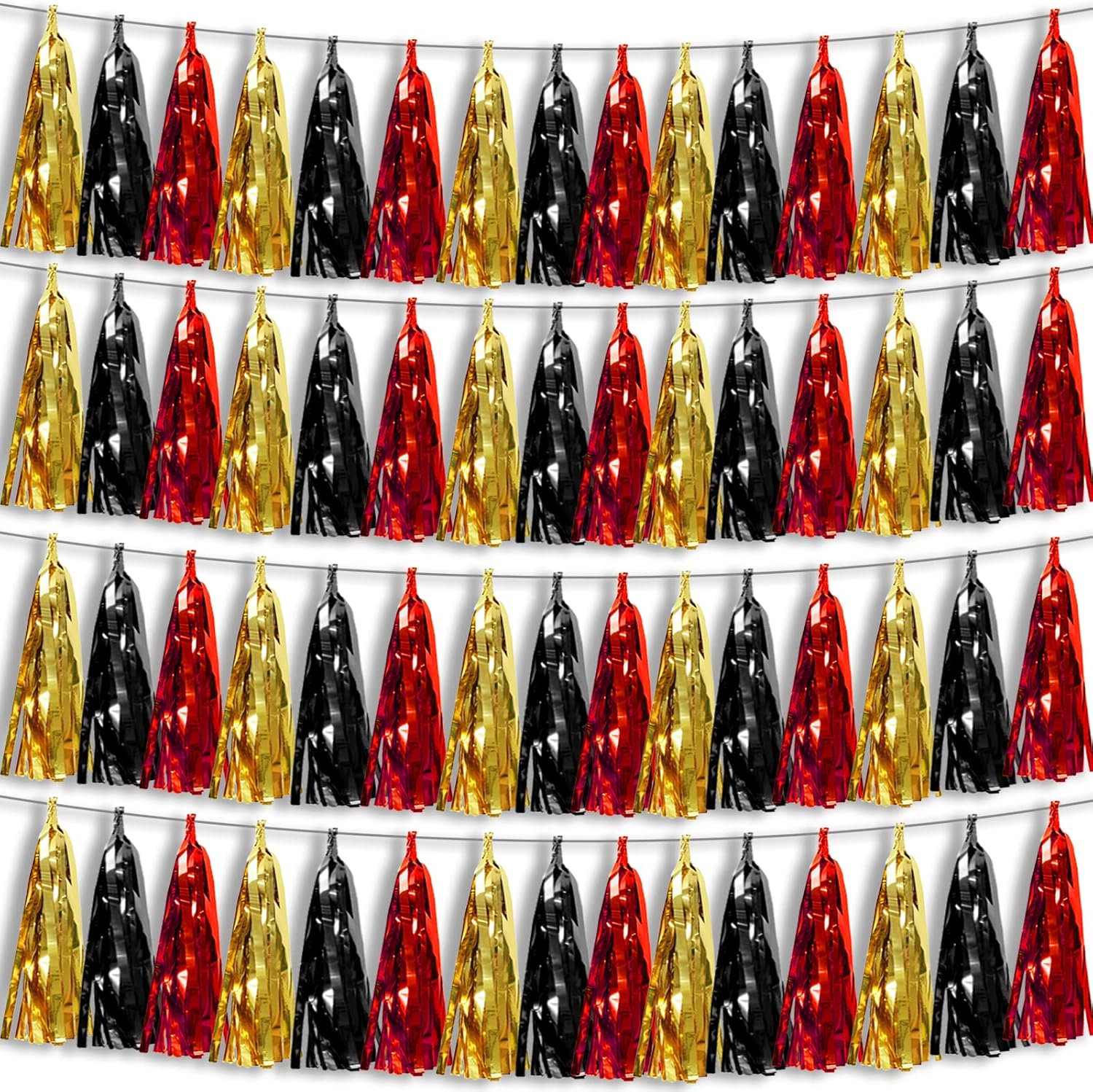 4P Black-Red Gold Foil Fringe Metallic Tassel Garland, Tassels Banner Streamers for Parade Floats