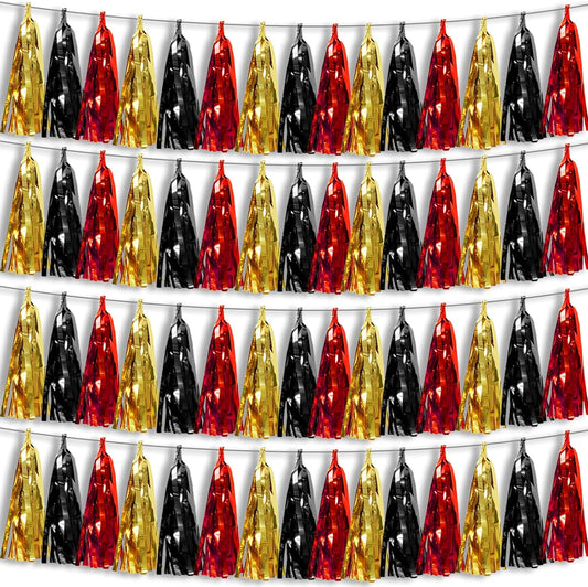 4P Black-Red Gold Foil Fringe Metallic Tassel Garland, Tassels Banner Streamers for Parade Floats