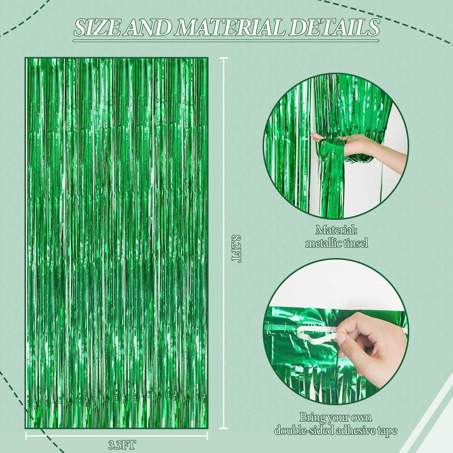 3 Pack Foil Fringe Backdrop - Green Shiny Tinsel Curtains for Party Decoration/Photo Booth Props