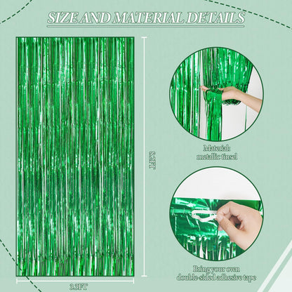 3 Pack Foil Fringe Backdrop - Green Shiny Tinsel Curtains for Party Decoration/Photo Booth Props