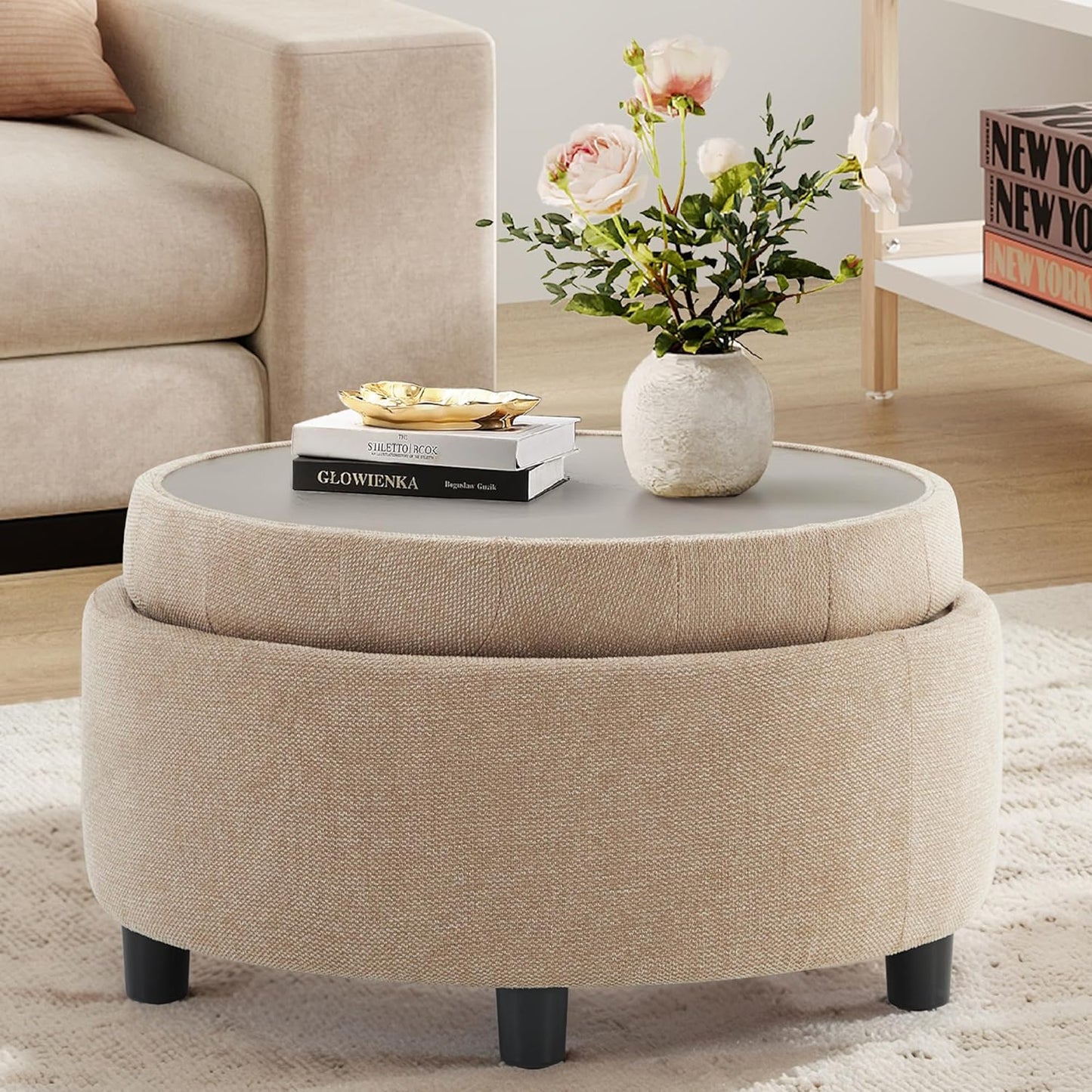 COLAMY Fabric Round Storage Ottoman with Reversible Tray Lid – Multi-Functional Footrest, Hidden