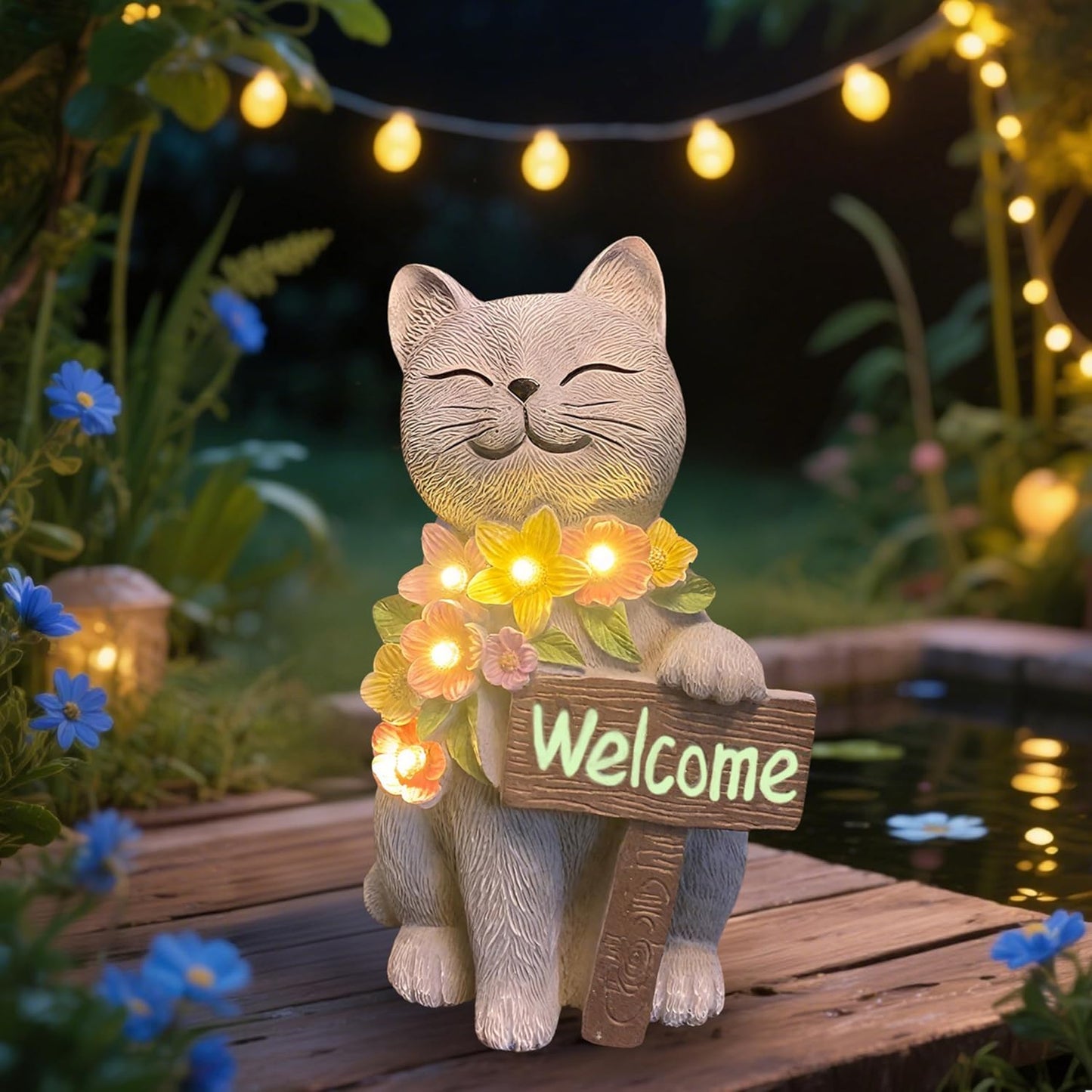 Solar Cat Garden Statue for Outdoor Decor, Cat Solar Light with Flowers, Resin Welcome Cats for