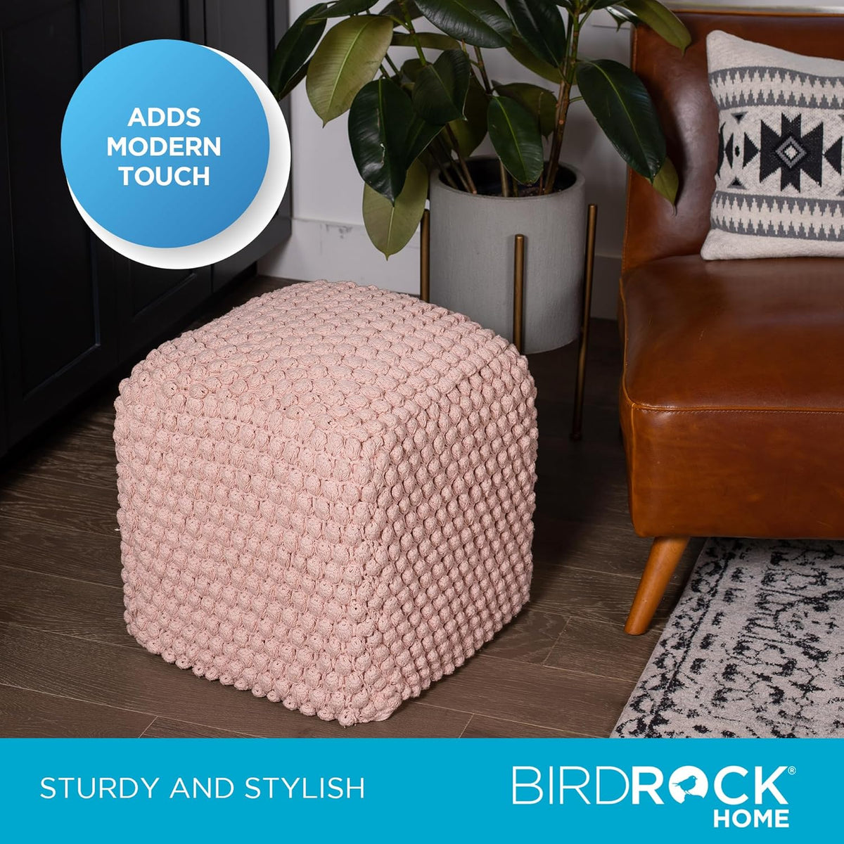 BIRDROCK HOME Buds Pouf Foot Stool Ottoman - Knit Bean Bag Floor Chair - Cotton Braided Cord