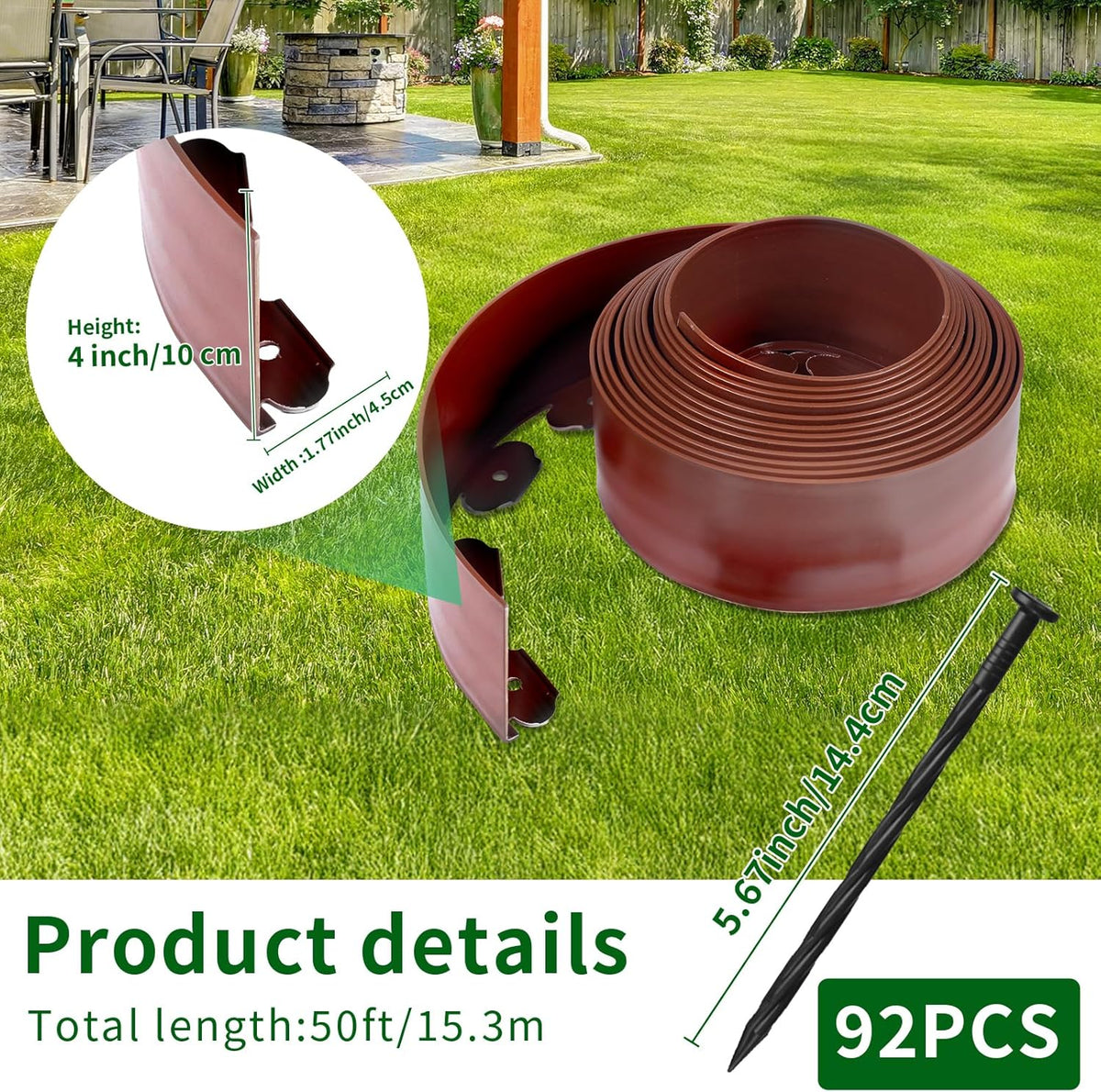 4 in x 50 Ft Garden Landscape Edging, No Dig Garden Edging Border Kit with 92 Pcs Spikes for Flower